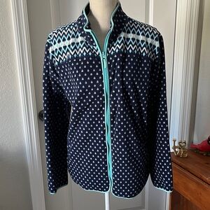 Talbots Navy and Aqua Patterned Full Zipper Fleece Jacket SZ 3X